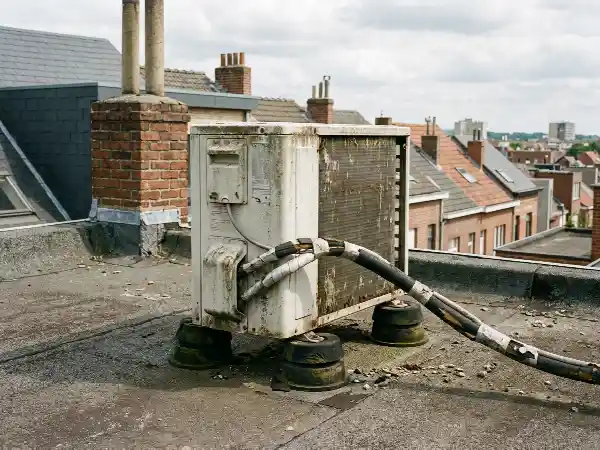 Buitenunit van een airco op dempers op een plat dak