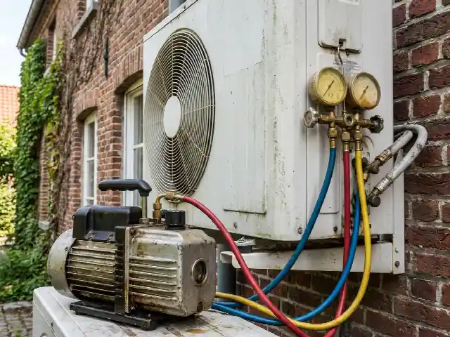 Vacuümpomp en manometers aangesloten op een buitenunit
